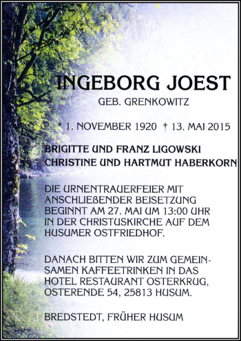 Traueranzeige von Ingeborg Joest von Neue Osnabrücker Zeitung GmbH & Co. KG