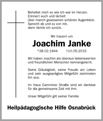 Traueranzeige von Joachim Janke von Neue Osnabrücker Zeitung GmbH & Co. KG