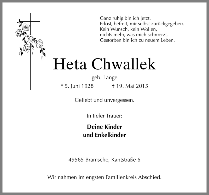  Traueranzeige für Heta Chwallek vom 23.05.2015 aus Neue Osnabrücker Zeitung GmbH & Co. KG