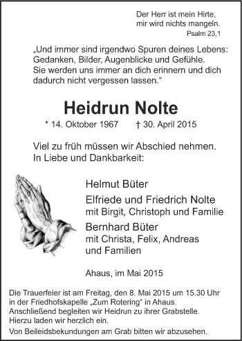 Traueranzeige von Heidrun Nolte von Neue Osnabrücker Zeitung GmbH & Co. KG