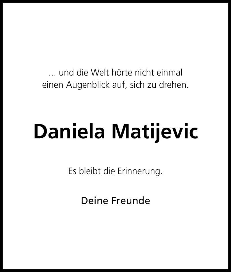  Traueranzeige für Daniela Matijevic vom 23.05.2015 aus Neue Osnabrücker Zeitung GmbH & Co. KG