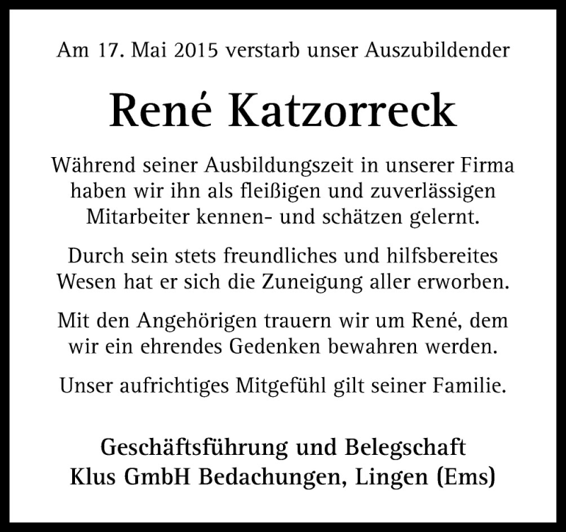  Traueranzeige für Rene Katzorreck vom 21.05.2015 aus Neue Osnabrücker Zeitung GmbH & Co. KG