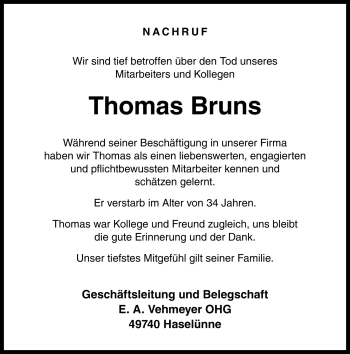 Traueranzeige von Thomas Bruns von Neue Osnabrücker Zeitung GmbH & Co. KG