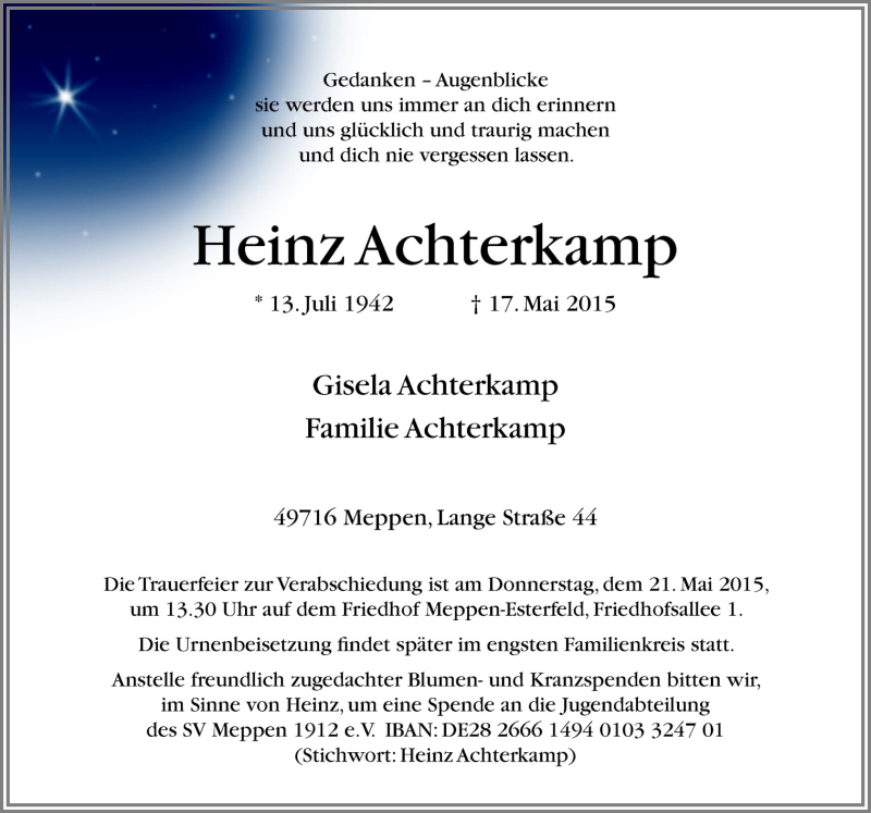  Traueranzeige für Heinz Achterkamp vom 19.05.2015 aus Neue Osnabrücker Zeitung GmbH & Co. KG