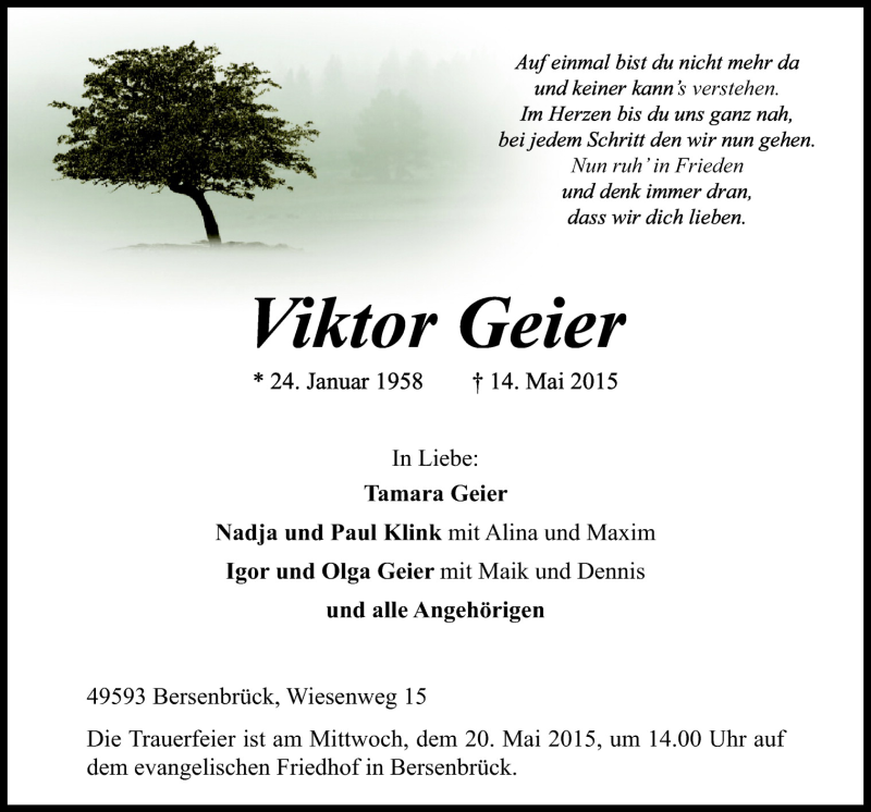  Traueranzeige für Viktor Geier vom 18.05.2015 aus Neue Osnabrücker Zeitung GmbH & Co. KG