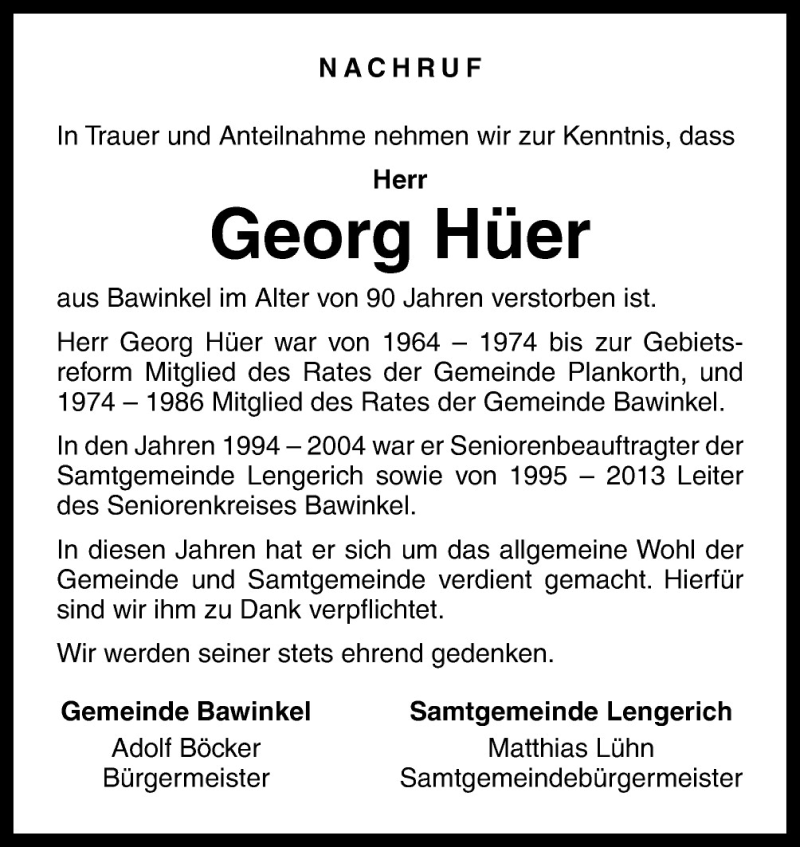  Traueranzeige für Georg Hüer vom 09.05.2015 aus Neue Osnabrücker Zeitung GmbH & Co. KG