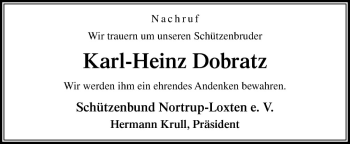 Traueranzeige von Karl-Heinz Dobratz von Neue Osnabrücker Zeitung GmbH & Co. KG