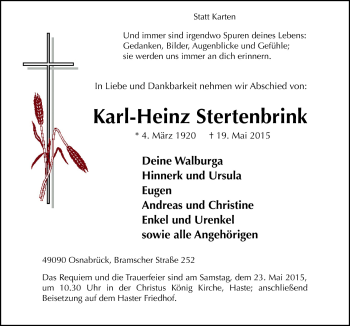 Traueranzeige von Karl-Heinz Stertenbrink von Neue Osnabrücker Zeitung GmbH & Co. KG