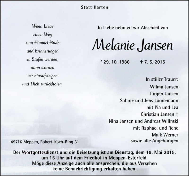  Traueranzeige für Melanie Jansen vom 15.05.2015 aus Neue Osnabrücker Zeitung GmbH & Co. KG