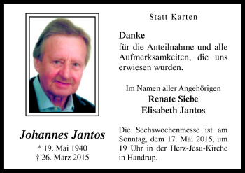 Traueranzeige von Johannes Jantos von Neue Osnabrücker Zeitung GmbH & Co. KG