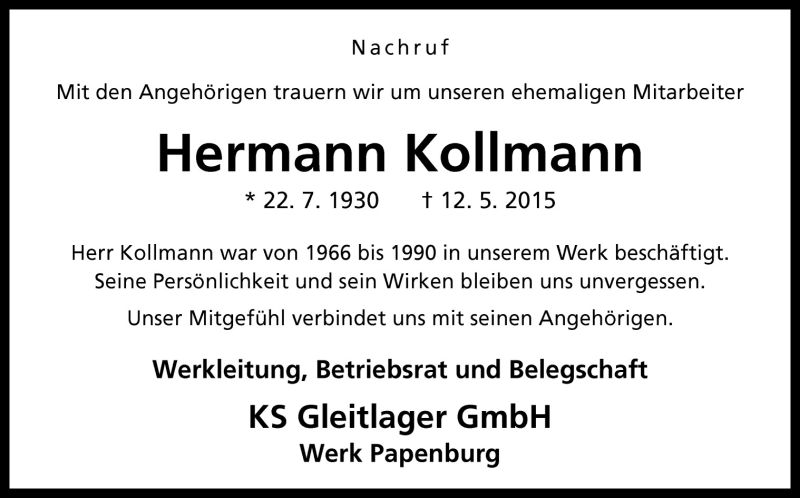  Traueranzeige für Hermann Kollmann vom 21.05.2015 aus Neue Osnabrücker Zeitung GmbH & Co. KG