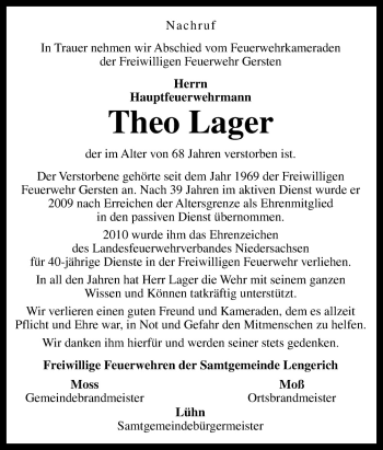 Traueranzeige von Theo Lager von Neue Osnabrücker Zeitung GmbH & Co. KG