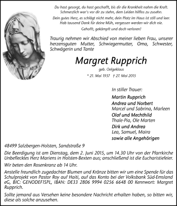 Traueranzeige von Margret Rupprich von Neue Osnabrücker Zeitung GmbH & Co. KG