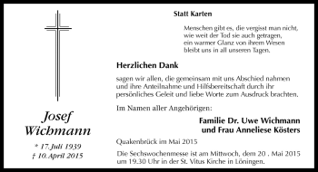 Traueranzeige von Josef Wichmann von Neue Osnabrücker Zeitung GmbH & Co. KG