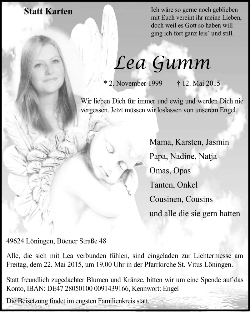  Traueranzeige für Lea Gumm vom 20.05.2015 aus Neue Osnabrücker Zeitung GmbH & Co. KG