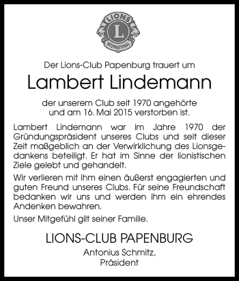 Traueranzeige von Lambert Lindemann von Neue Osnabrücker Zeitung GmbH & Co. KG