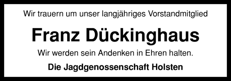  Traueranzeige für Franz Dückinghaus vom 22.05.2015 aus Neue Osnabrücker Zeitung GmbH & Co. KG