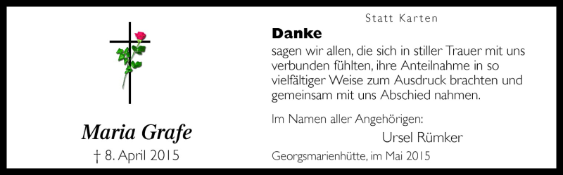  Traueranzeige für Maria Grafe vom 09.05.2015 aus Neue Osnabrücker Zeitung GmbH & Co. KG
