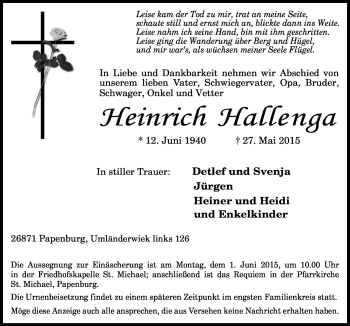 Traueranzeige von Heinrich Hallenga von Neue Osnabrücker Zeitung GmbH & Co. KG