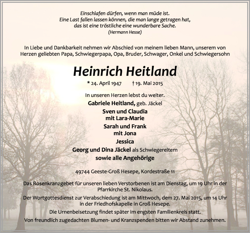  Traueranzeige für Heinrich Heitland vom 23.05.2015 aus Neue Osnabrücker Zeitung GmbH & Co. KG