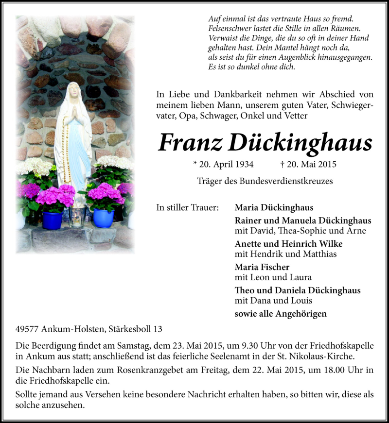 Traueranzeige für Franz Dückinghaus vom 21.05.2015 aus Neue Osnabrücker Zeitung GmbH & Co. KG
