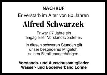 Traueranzeige von Alfred Schwarzek von Neue Osnabrücker Zeitung GmbH & Co. KG