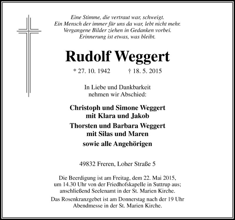  Traueranzeige für Rudolf Weggert vom 20.05.2015 aus Neue Osnabrücker Zeitung GmbH & Co. KG