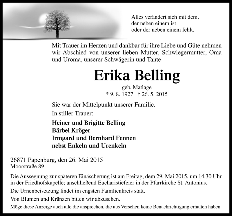  Traueranzeige für Erika Belling vom 28.05.2015 aus Neue Osnabrücker Zeitung GmbH & Co. KG