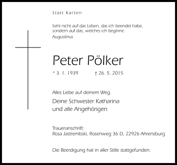 Traueranzeige von Peter Pölker von Neue Osnabrücker Zeitung GmbH & Co. KG