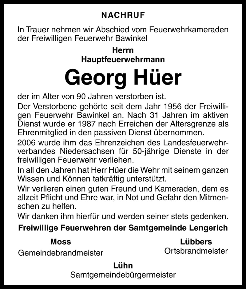  Traueranzeige für Georg Hüer vom 08.05.2015 aus Neue Osnabrücker Zeitung GmbH & Co. KG