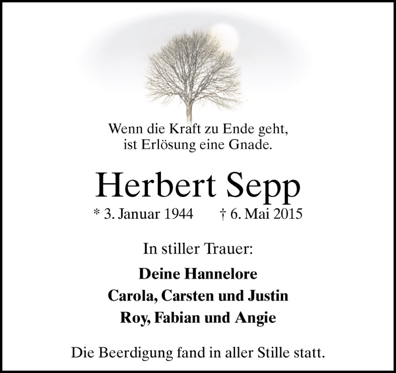  Traueranzeige für Herbert Sepp vom 16.05.2015 aus Neue Osnabrücker Zeitung GmbH & Co. KG