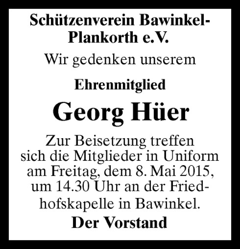  Traueranzeige für Georg Hüer vom 07.05.2015 aus Neue Osnabrücker Zeitung GmbH & Co. KG