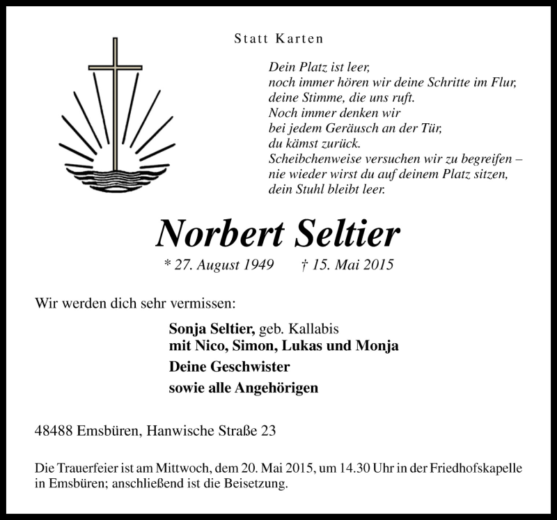  Traueranzeige für Norbert Seltier vom 18.05.2015 aus Neue Osnabrücker Zeitung GmbH & Co. KG