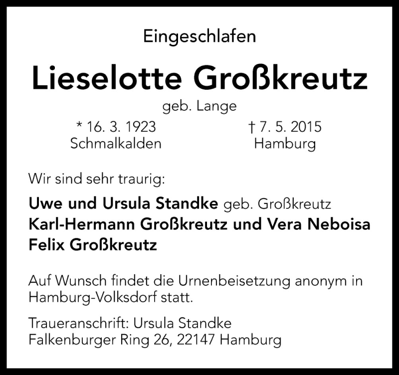  Traueranzeige für Lieselotte Großkreutz vom 16.05.2015 aus Neue Osnabrücker Zeitung GmbH & Co. KG