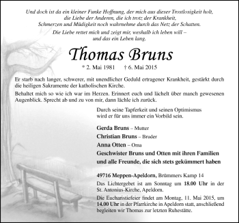 Traueranzeige von Thomas Bruns von Neue Osnabrücker Zeitung GmbH & Co. KG