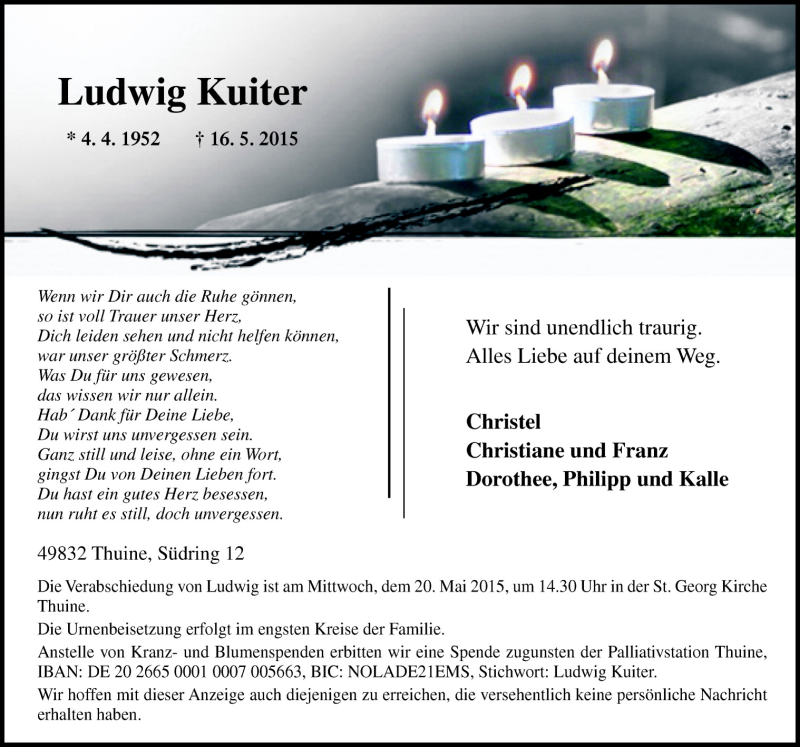  Traueranzeige für Ludwig Kuiter vom 18.05.2015 aus Neue Osnabrücker Zeitung GmbH & Co. KG