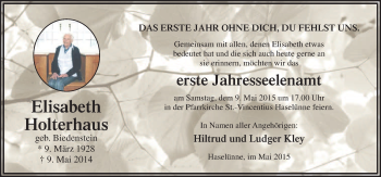 Traueranzeige von Elisabeth Holterhaus von Neue Osnabrücker Zeitung GmbH & Co. KG