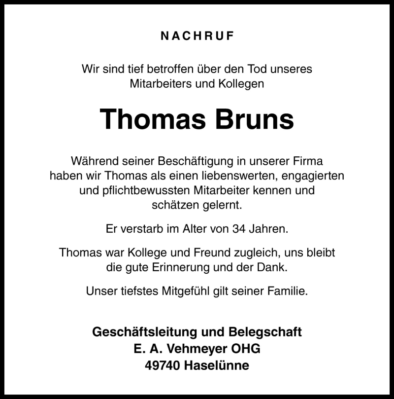  Traueranzeige für Thomas Bruns vom 09.05.2015 aus Neue Osnabrücker Zeitung GmbH & Co. KG