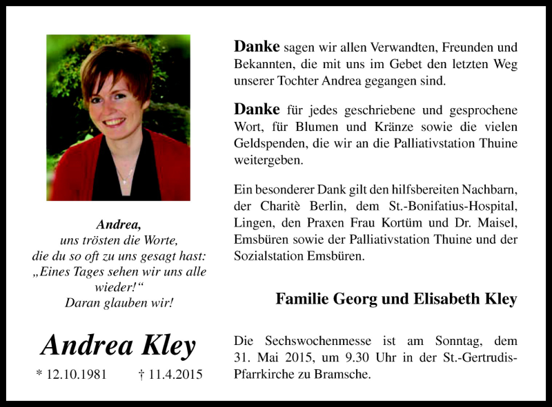  Traueranzeige für Andrea Kley vom 26.05.2015 aus Neue Osnabrücker Zeitung GmbH & Co. KG