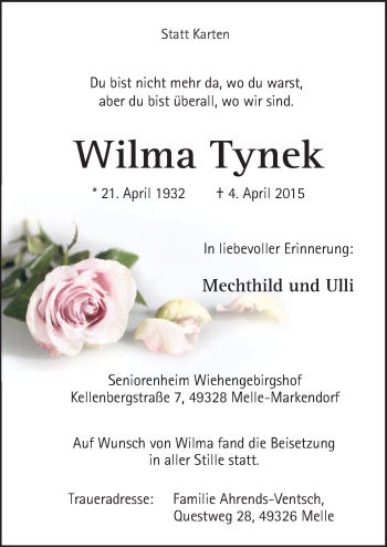 Traueranzeige von Wilma Tynek von Neue Osnabrücker Zeitung GmbH & Co. KG