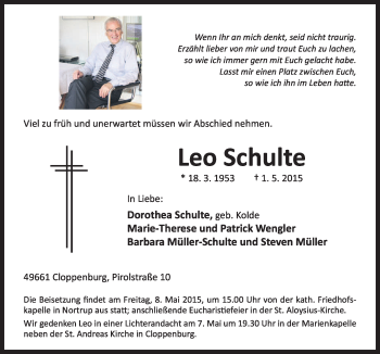 Traueranzeige von Leo Schulte von Neue Osnabrücker Zeitung GmbH & Co. KG