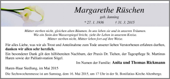 Traueranzeige von Margarethe Rüschen von Neue Osnabrücker Zeitung GmbH & Co. KG