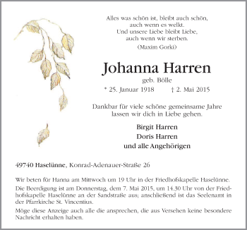 Traueranzeige von Johanna Harren von Neue Osnabrücker Zeitung GmbH & Co. KG
