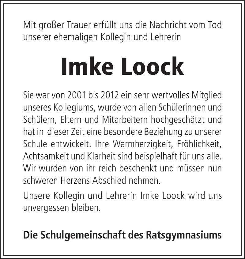  Traueranzeige für Imke Loock vom 05.05.2015 aus Neue Osnabrücker Zeitung GmbH & Co. KG