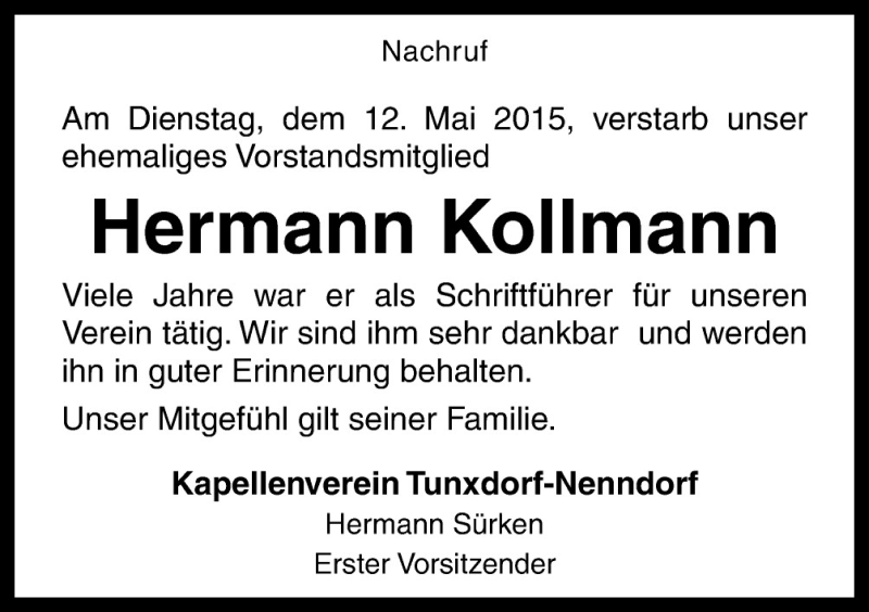  Traueranzeige für Hermann Kollmann vom 20.05.2015 aus Neue Osnabrücker Zeitung GmbH & Co. KG