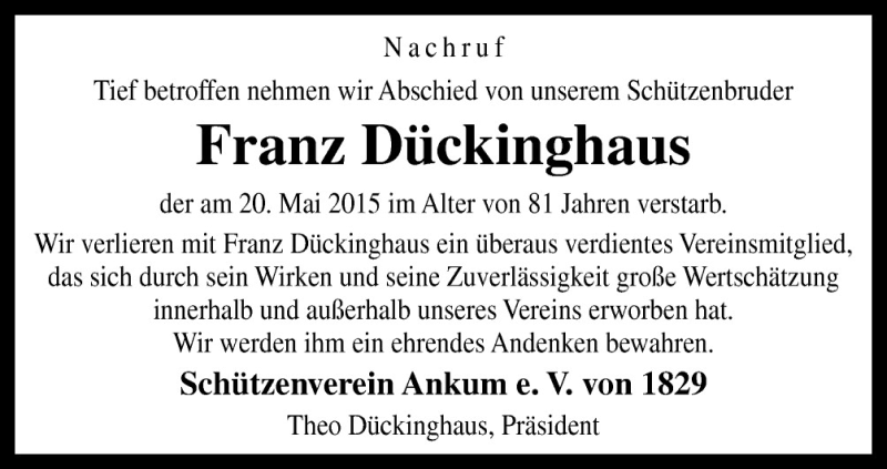  Traueranzeige für Franz Dückinghaus vom 23.05.2015 aus Neue Osnabrücker Zeitung GmbH & Co. KG
