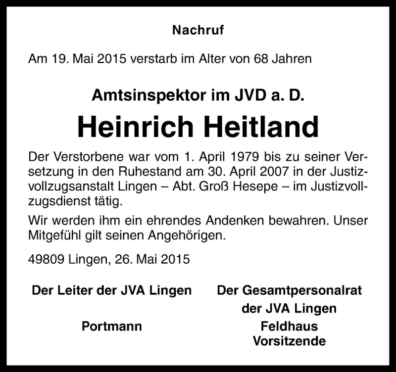  Traueranzeige für Heinrich Heitland vom 29.05.2015 aus Neue Osnabrücker Zeitung GmbH & Co. KG