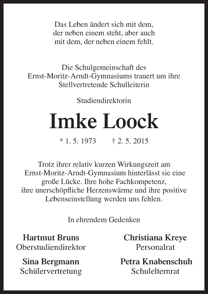  Traueranzeige für Imke Loock vom 05.05.2015 aus Neue Osnabrücker Zeitung GmbH & Co. KG