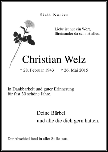 Traueranzeige von Christian Welz von Neue Osnabrücker Zeitung GmbH & Co. KG