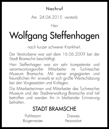 Traueranzeige von Wolfgang Steffenhagen von Neue Osnabrücker Zeitung GmbH & Co. KG